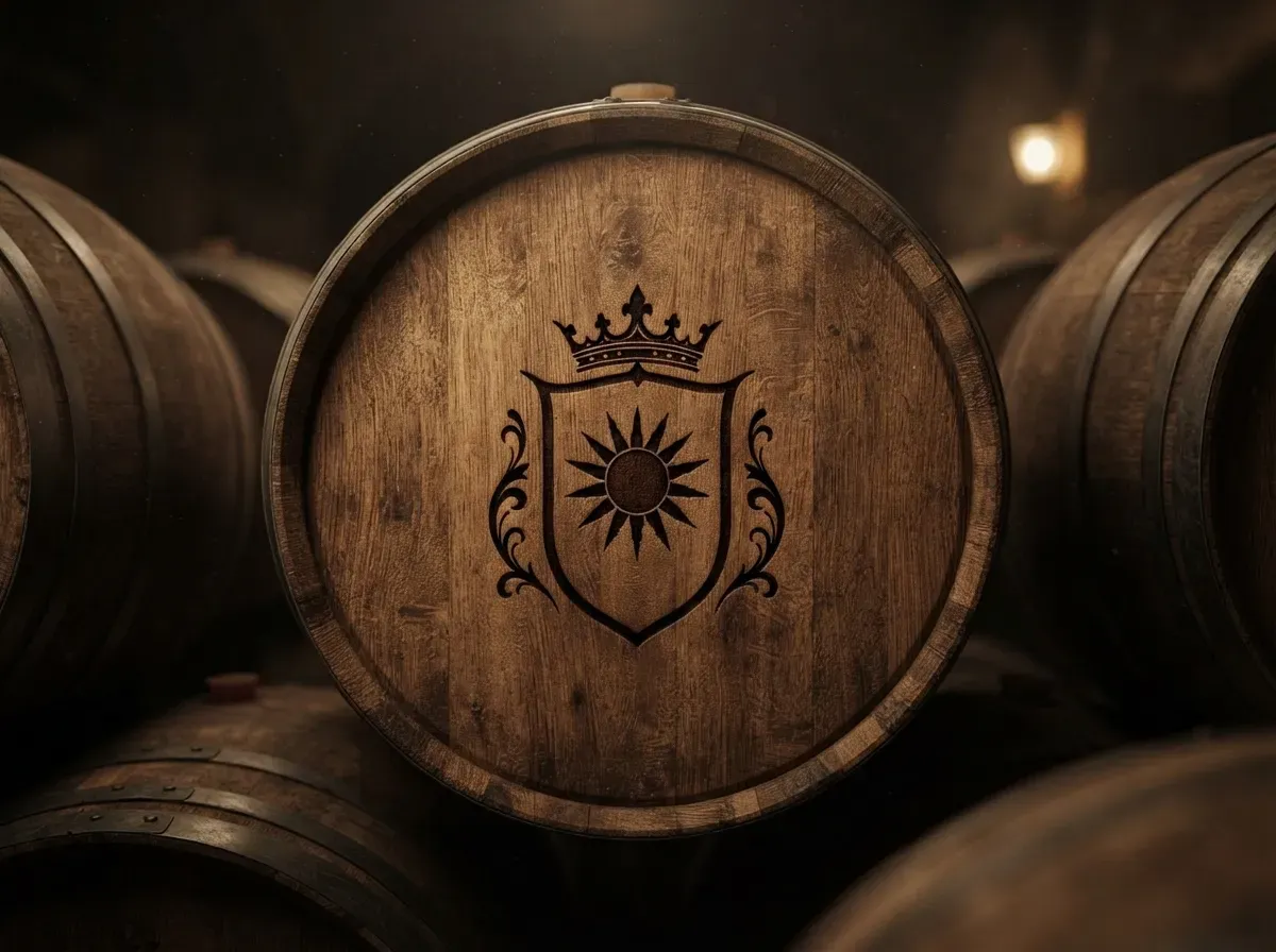 Barril de carvalho com o emblema da Herdade Vilela gravado, numa adega à meia-luz