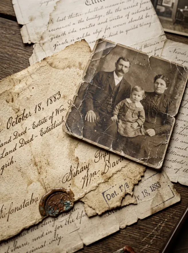 Detalhe de documento antigo e fotografia histórica da família Vilela