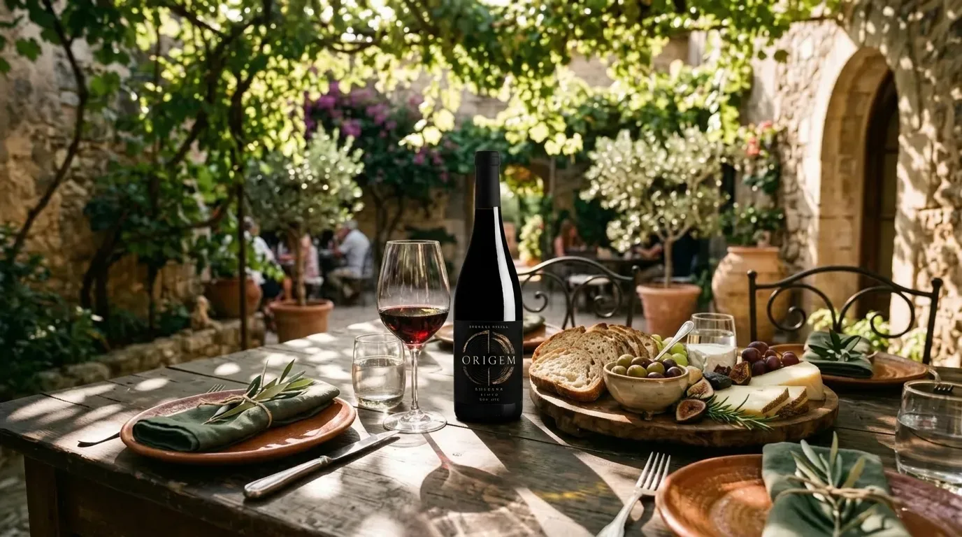 Mesa ao ar livre com garrafa de vinho, taça e pães