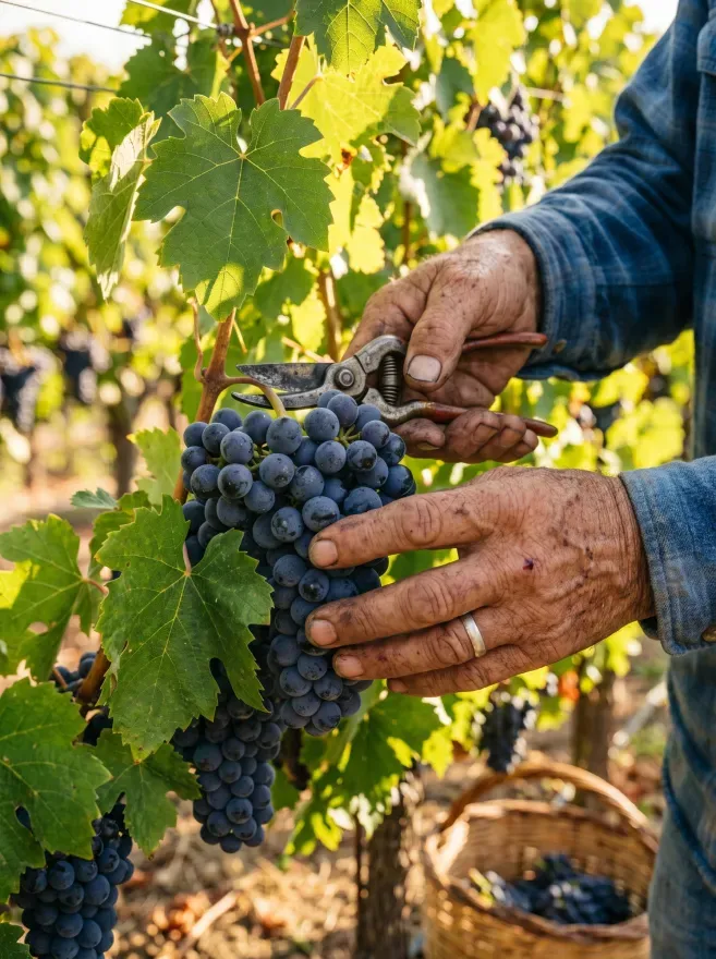 Mãos colhendo uvas durante a vindima