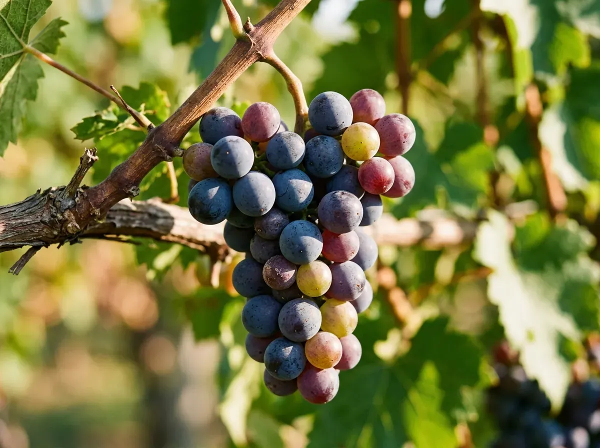 Cacho de uvas maduras banhado pela luz natural da vinha do Dão