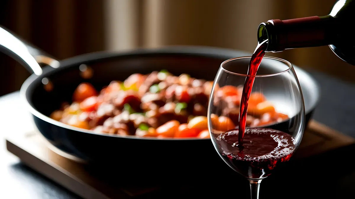 Vinho tinto sendo servido em taça à mesa acompanhando prato gastronômico