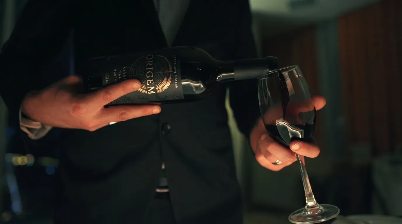 Sommelier servindo vinho tinto Origem numa taça