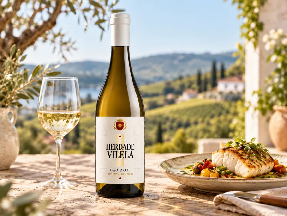 Mesa posta ao ar livre com taças de vinho e pratos de frutos do mar