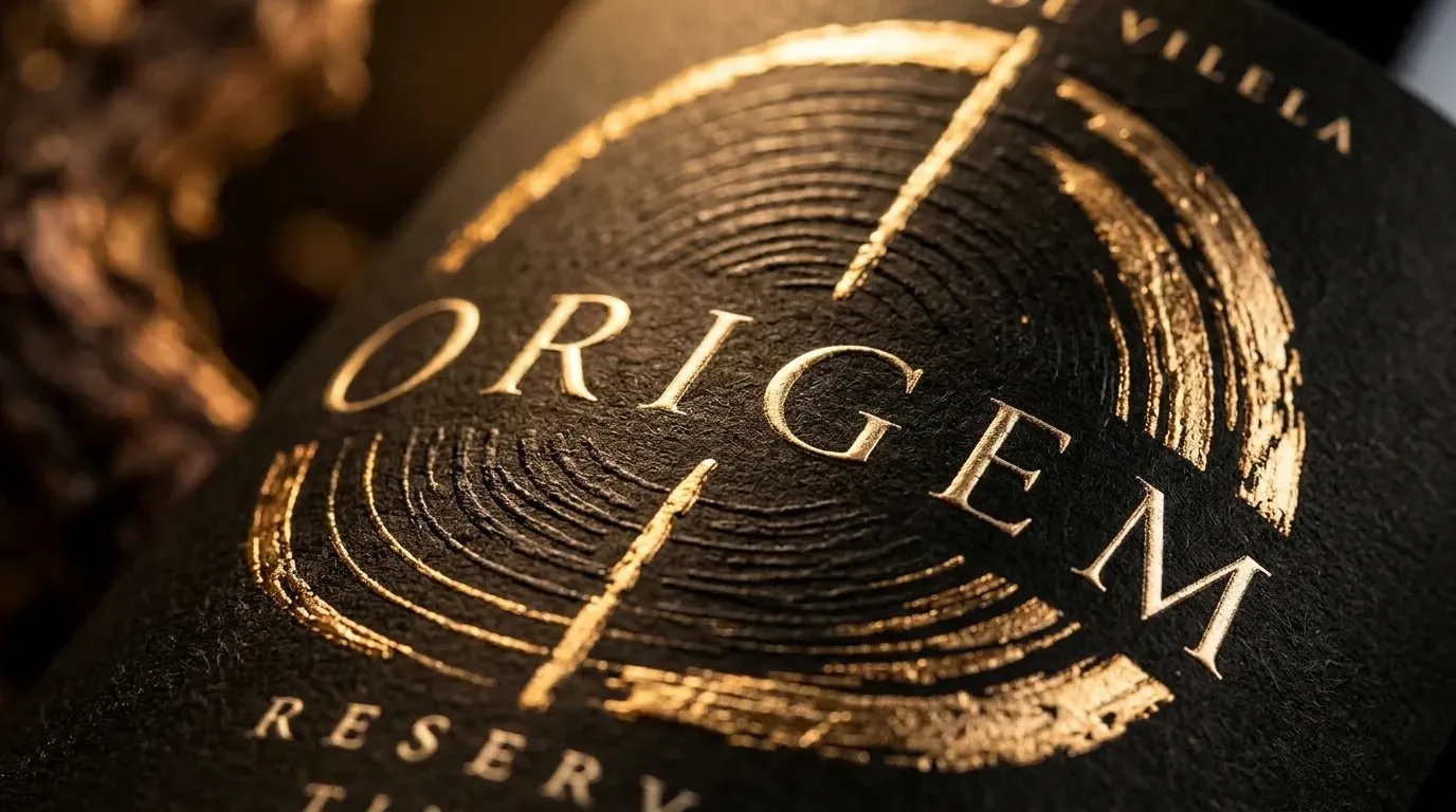 Atmosfera e detalhe da garrafa Origem Reserva Tinto